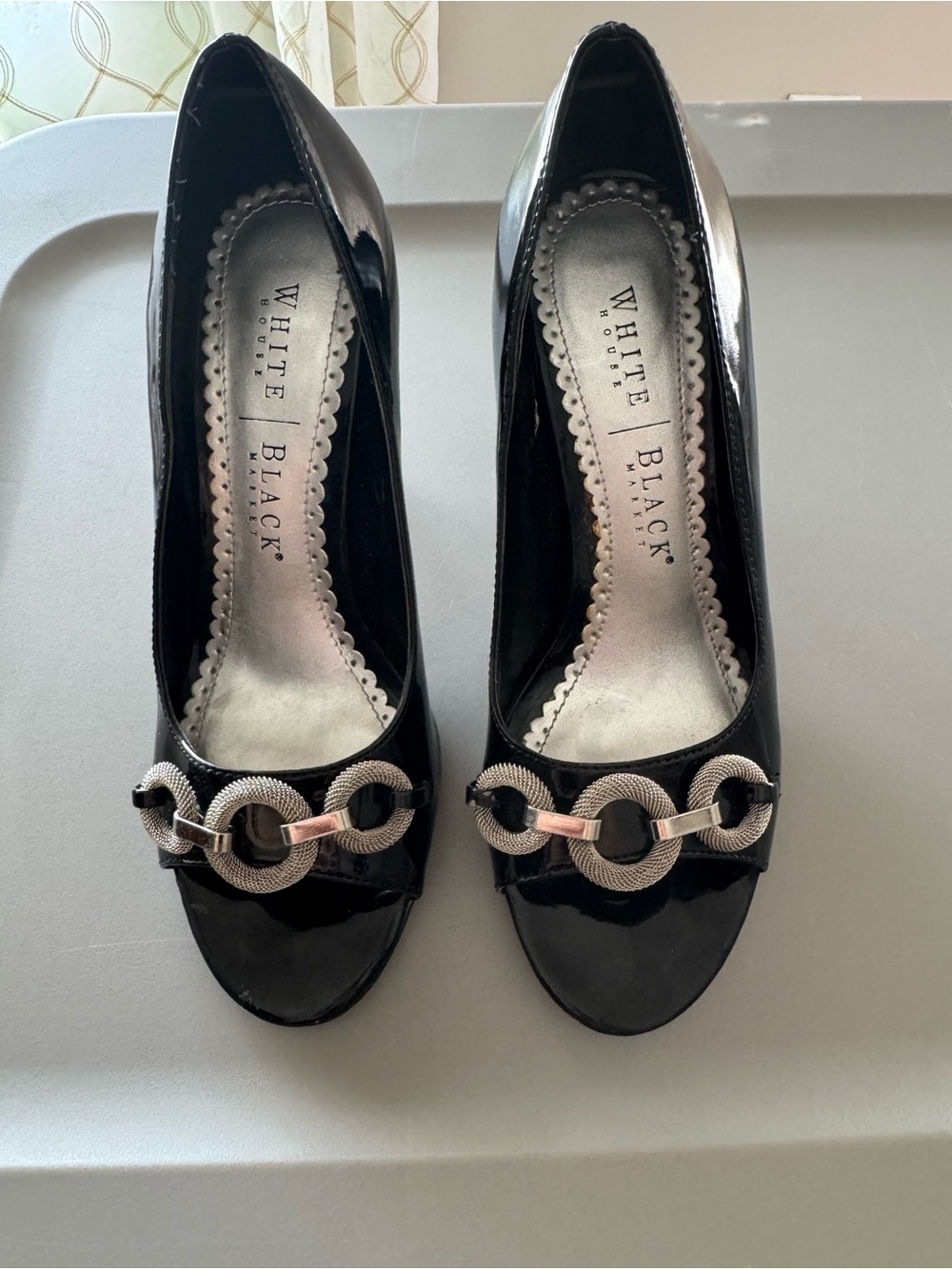 White House Black Market Black Patent Heeled Pumps with Silver Chain Accent